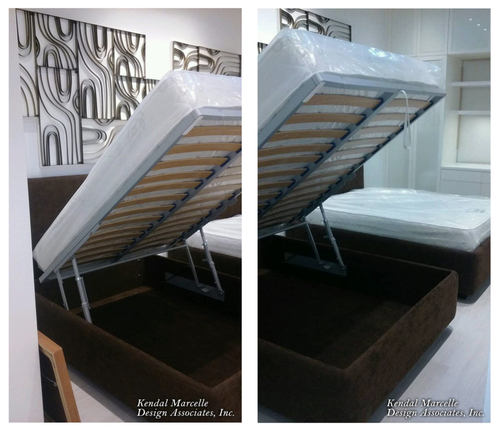 Image of a custom full size 7" supreme foam mattress installed on a bed frame with custom mechanism for below storage.