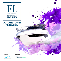 Logo for FLIBS event and image of a boat splashing through purple graphic waves.